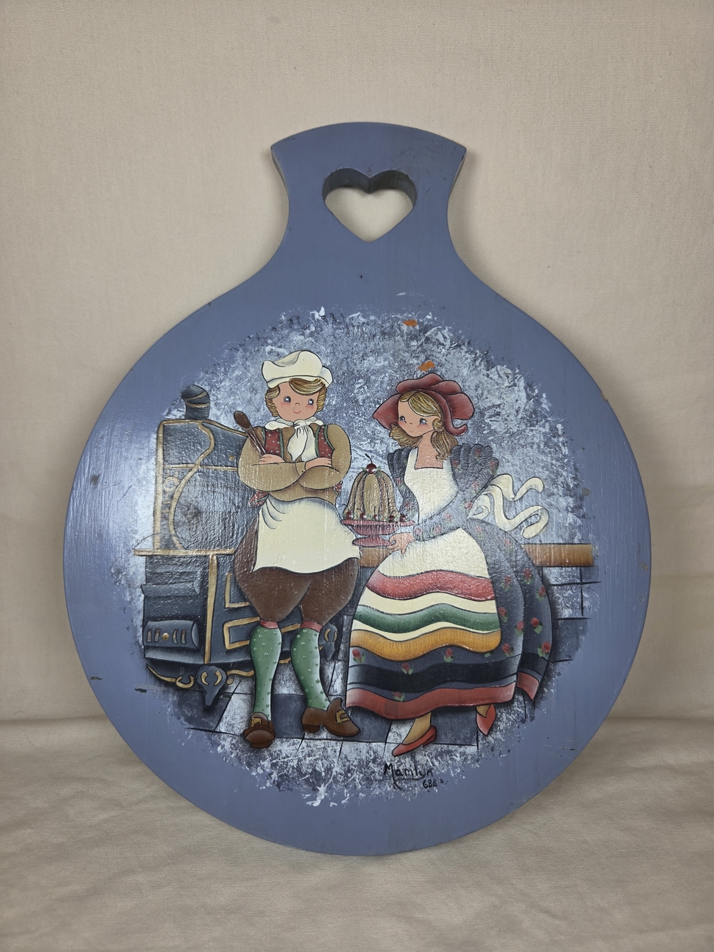 Hand-Painted Blue Wood Hanging Plaque Scandinavian Folk Art Bakers Kitchen Decor
